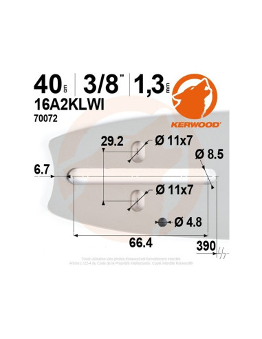 GUIDE TRONÇONNEUSE KERWOOD. 40 CM. 3/8". 1,3 MM. 16A2KLWI